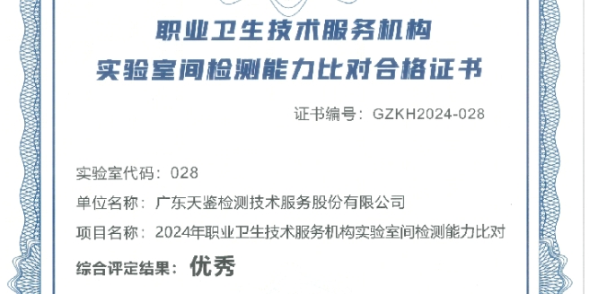 我司在2024年職業(yè)衛(wèi)生技術(shù)服務(wù)機(jī)構(gòu)實(shí)驗(yàn)室間檢測能力比對項(xiàng)目，評定結(jié)果為“優(yōu)秀”